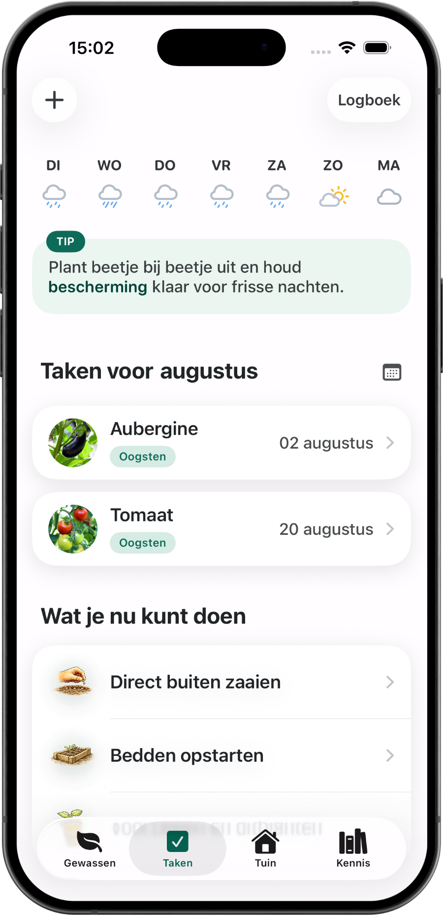 Takenoverzicht per maand in Moestuin Maatje